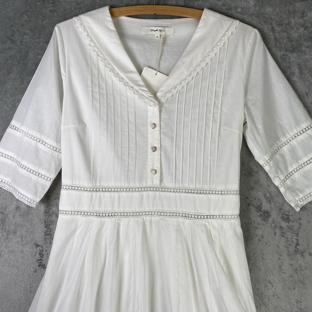 Simple Retro Dress Womens Size M White 100% Cotton Fiona Midi Cottage Lace Trim - Picture 4 of 16